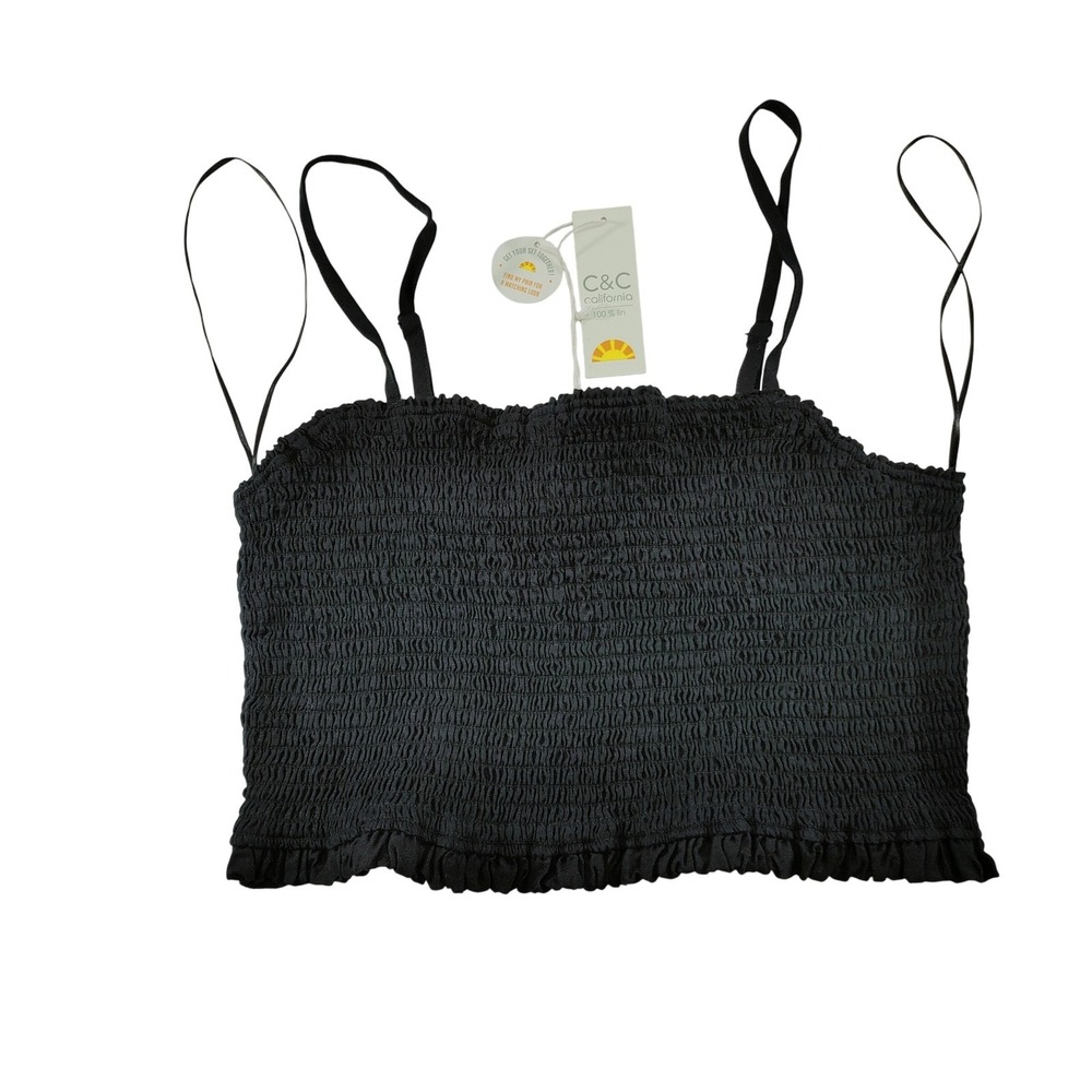 C&C California Black Smocked Linen Blend Crop Top Tank Ruffle Trim Size L